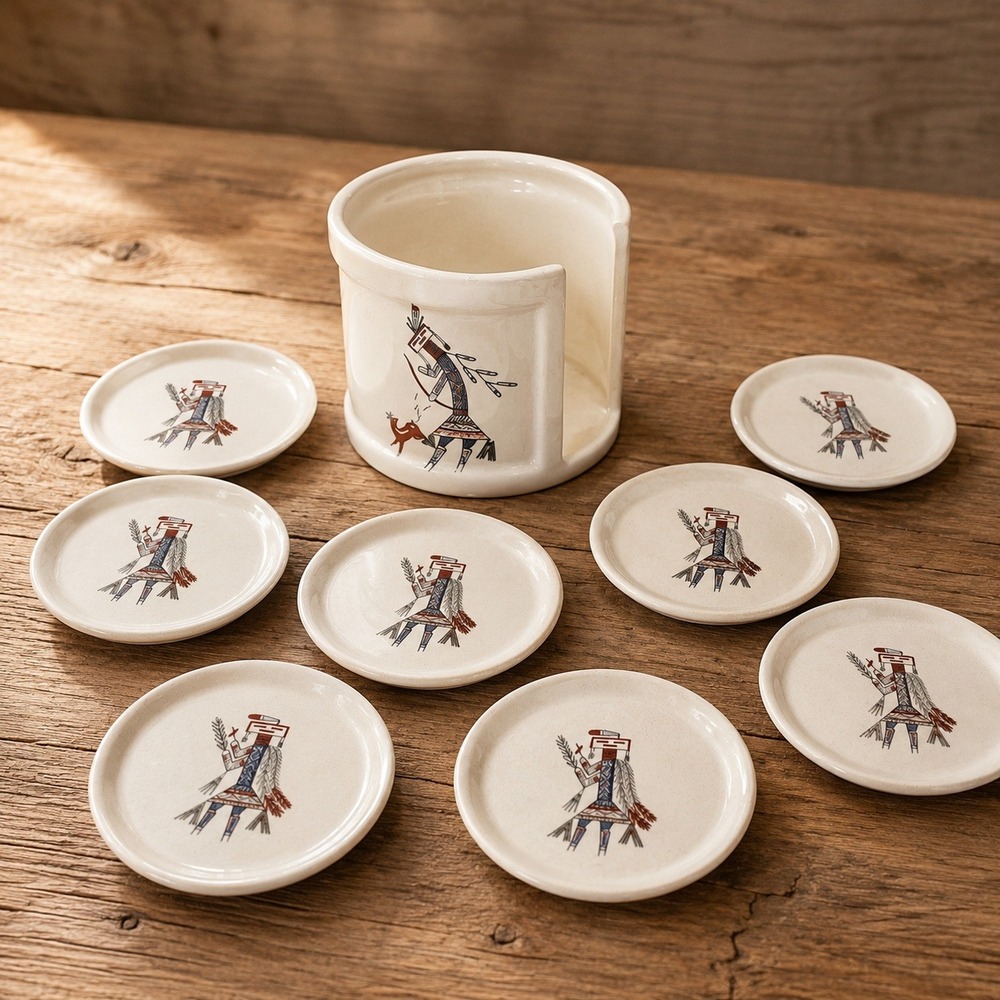 Vtg‎ Signed Handcrafted Southwestern Pottery Coaster Set 8 Pieces Matching Crock